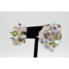Vintage Crystal Clip On Earrings Watermelon Aurora Borealis Chunky 1960s BinAG