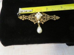 Vintage Ornate Metal Bar Dangle Brooch with Faux Pearls