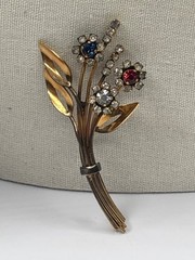 Antique Edwardian Style Rhinestone Floral Spray Brooch Trombone Clasp Signed