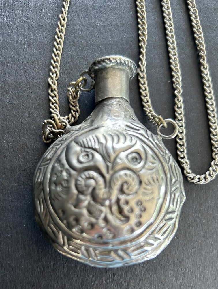 Antique Victorian Perfume Pendant Necklace Silver Tone Metal