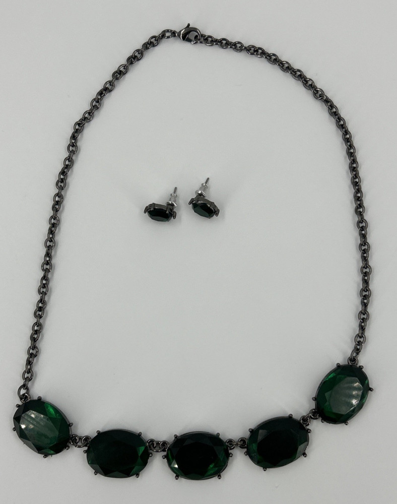 Emerald Green Necklace Earring Set Gun Metal Acrylic Modern Choker 17 Inch