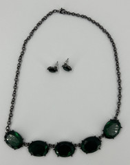 Emerald Green Necklace Earring Set Gun Metal Acrylic Modern Choker 17 Inch
