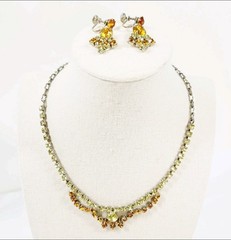 Vintage Citrine Rhinestone Choker And Earrings Set Screwback 15.5″ Regency