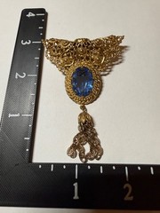 Vintage West Germany Brooch Blue Glass Gold Tone Signed FANTASTIC