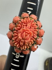 Vintage Orange Carved Resin Flower Ring Size 8 With Surrounding Stones
