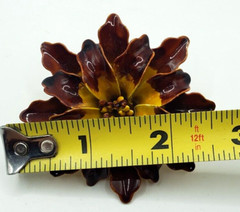 Vintage Large Brown and Yellow Enamel Flower Brooch & Clip On Earrings Beautiful