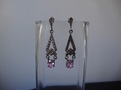 VINTAGE OPENWORK TEARDROP PINK TOPAZ W/MARCASITE SILVER 925 DANGLE STUD EARRINGS
