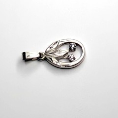 Vintage Etched Sterling CZ Pendant Oval Cherries Leaf Signed JF Small .75″ USA