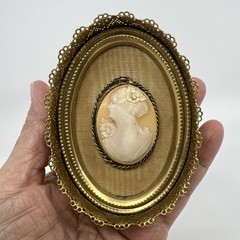 Vintage Oval Shell Cameo Portrait in Brass Ornate Filigree Frame Beige White