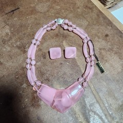 Vtg 80’s Pink Lucite Necklace Earring Set Hong Kong Moonglow Geometric Statement