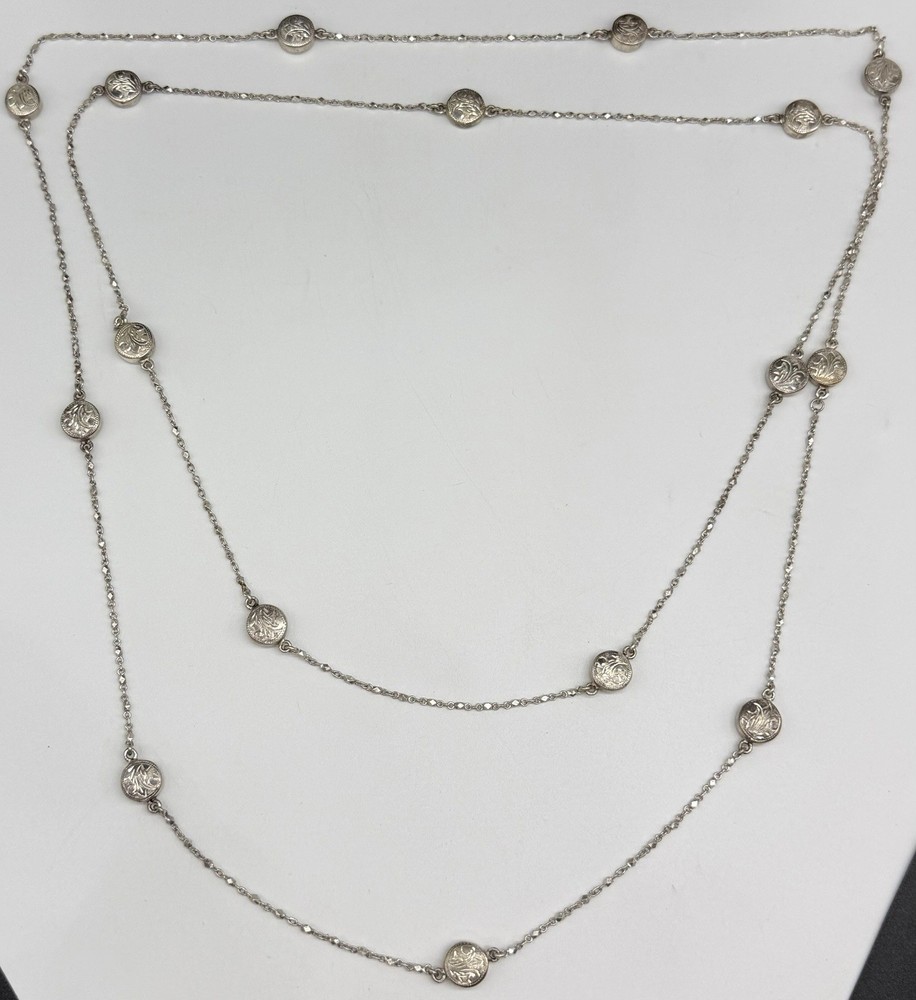 Vintage Sterling Silver Floral Engraved Station Link Chain 56″ Necklace 29.3g