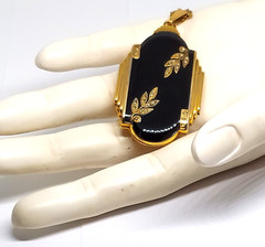 Large GF art deco black enamel Photo Locket Pendant Gold Filled Chain VTG Evans