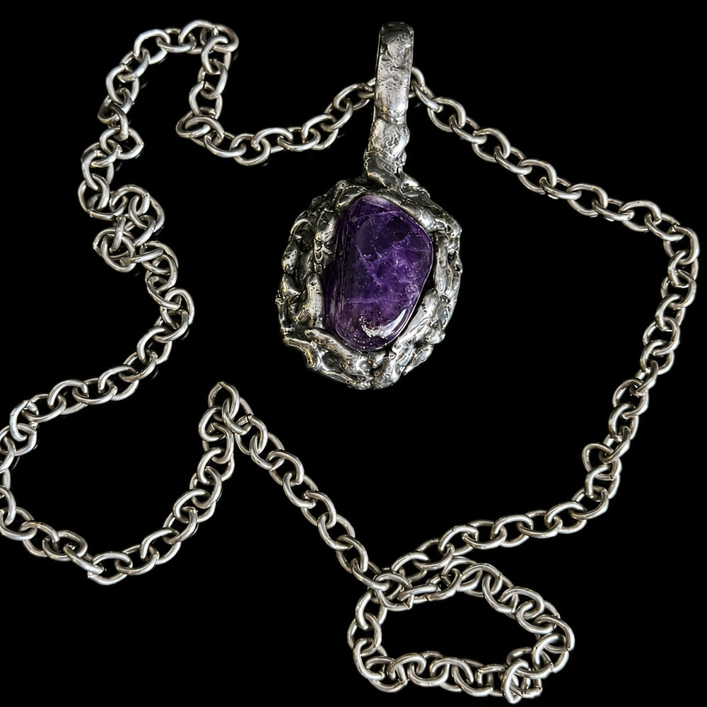Dansk Smykkekunst Denmark Silver Plate Amethyst Brutalist Statement Necklace 94g