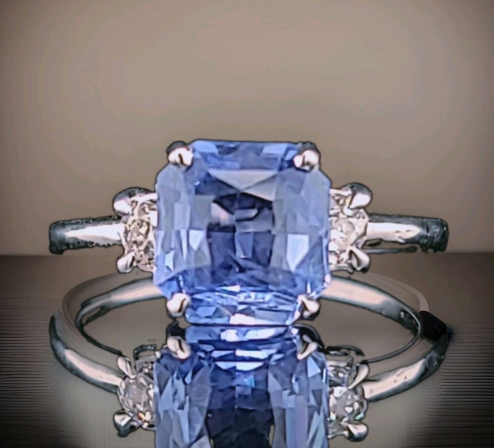 Vintage 14k White Gold Engagement Ring 2.75ct.Natural Blue Sapphire Radiant GIA