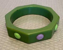 Vintage Bakelite Bangle Green Octagon Inlay Polka Dots Bracelet TESTED