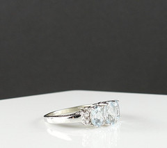 Estate 10K White Gold Blue Tuormaline Diamond Ring 3 Stone Jewelry Size 6.75