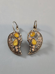 Vintage Crescent Teardrop Lever Back Silver Tone Dangle Earrings Yellow Boho
