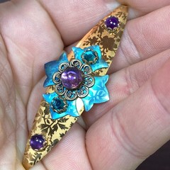 Vtg Victorian Style Art Nouveau Brooch Copper Turquoise Aqua Purple Rhinestone
