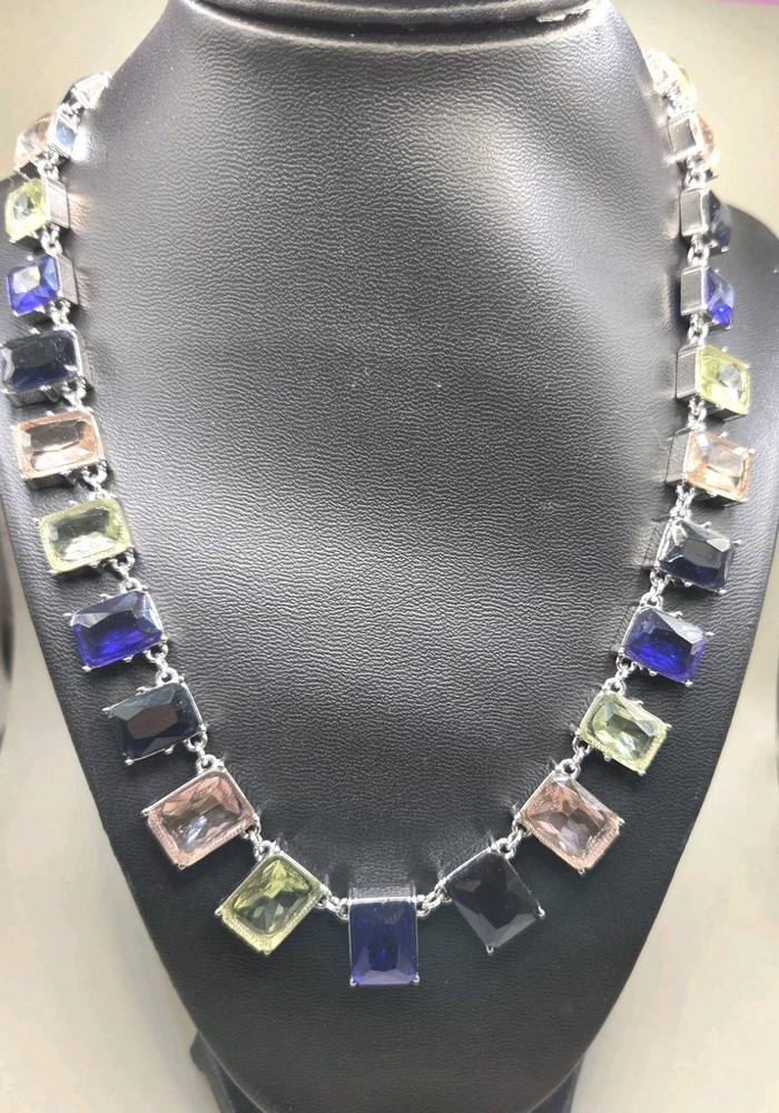 Art Deco Style Choker Necklace 20″ Faceted Chunky Multi Glass Statement 0330