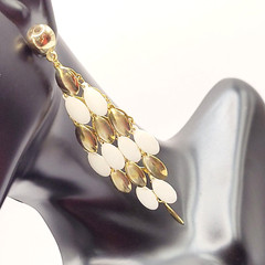 White & Gold Tone Metal Chandelier Cascade Dangle Vintage Earrings Ballroom