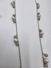 Ann Taylor Silver Tone Faux Pearl & Crystal Station Necklace 32″ Long