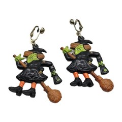 Witch on Broom Clip on Earrings Halloween Costume Vintage Moving Legs 3.5 in