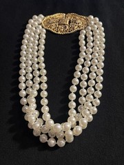 Vintage 1950-1970 Geno Multi-4 Strand Faux Pearl Necklace Gold Tone Clasp