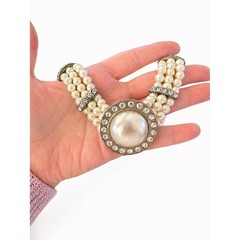 Vintage Multi-Strand Faux Pearl Statement Necklace Rhinestone Cabochon Chunky