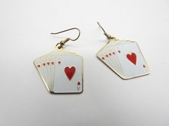 Red White Enamel Royal Flush Gold Tone Cards Dangle Pierced Earrings Vintage