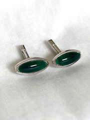 Vintage Sun Eagle Cufflinks Silver Tone Large Oval Likely Malachite Japan⁠