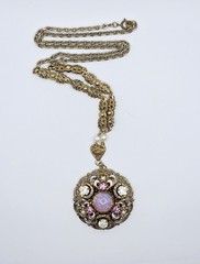 Vtg West Germany Filigree Pendant Necklace Pink Faux Opal Rhinestone Pearl