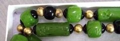 Vintage Givenchy Egyptian Revival Carved Green Faux Jade Lucite 32″ Necklace