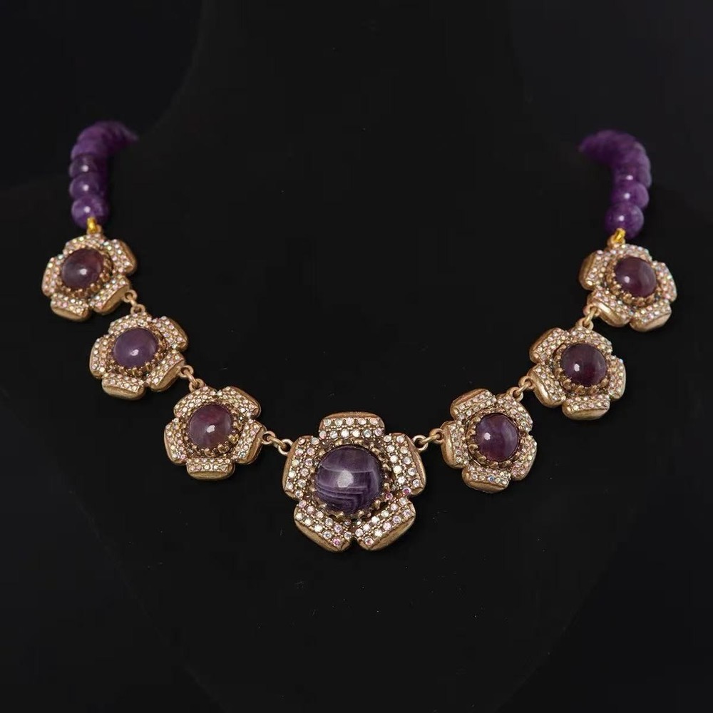 Amethyst Purple Crystal Necklace Set Vintage Floral Estate Jewelry Gold
