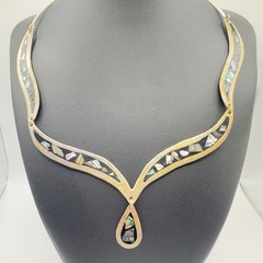 Vintage Mexican Alpaca Abalone Inlay Necklace 17″ Panel Link Drop Pendant