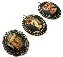 3 Hand Painted Different Resin Angels Scenes Cameos Pretty Pendants 61x46mm