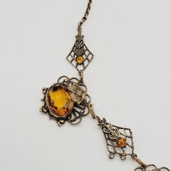 Czech Glass Art Nouveau Deco Flower Motif Brass Festoon Bib Amber Citrine 15 In