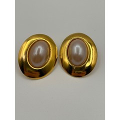 Vintage Gold Tone Oval Faux Pearl Stud Statement Earrings 1″ 80s Style