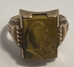 Vintage Art Deco Carved Tiger’s Eye Roman Soldier Cameo Men’s Signet Ring