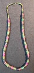 vintage Postmodern necklace features painted brass beads in jewel tones