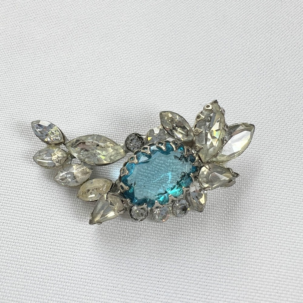 Art Deco Vintage Aqua Blue & Clear Rhinestones Brooch Anda Modes New York Pin