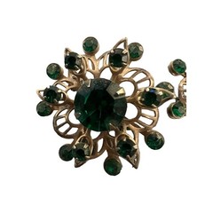 Rhinestone Faux Emerald Ruby Flower Gold Tone BROOCH Pin Vtg Jewelry Set Of 2