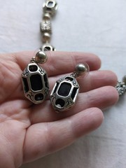 Vintage Onyx And Silver Tone Necklace And Earrings Set