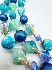 Vtg Hong Kong 3 Strand Beaded Collar Necklace Peacock Blue Turquoise Iridescent