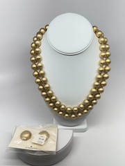 NOS Vtg Crown Trifari Metal Beads Necklace Clip earrings set Gold Tone tags