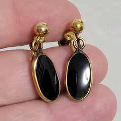 Vtg BAL RON Black Onyx 1/20-12K G.F. Gold-Filled Earrings – Screw Back Unused