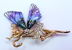 Gold Tone Rhinestones & Fairy With Purple Wings Brooch Contemporary