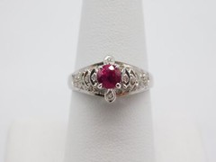 SWEET ANTIQUE 18K SOLID WHITE GOLD DIAMOND RUBY STONE RING