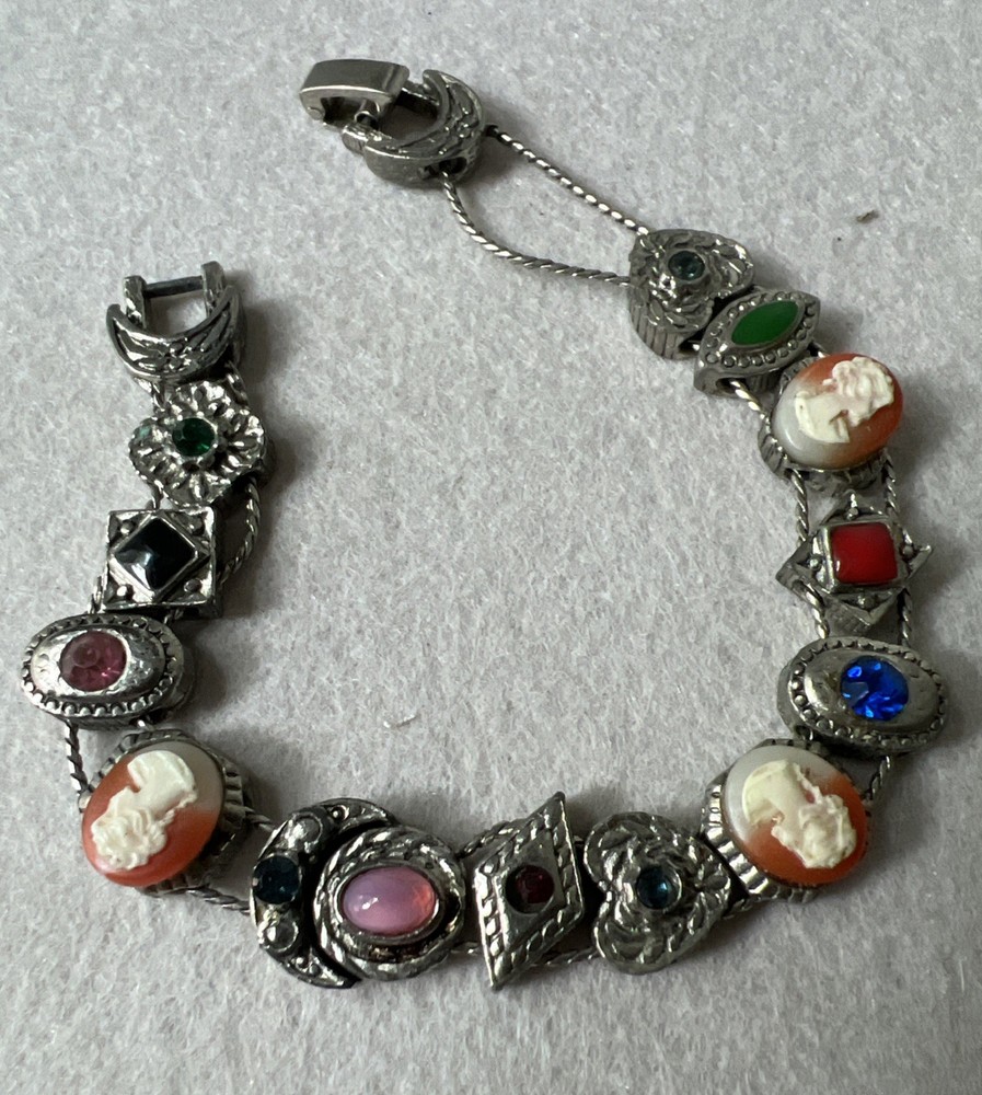 VTG Victorian Revival Slide Bracelet, Silver Tone – Rhinestone, Glass, Cameo 7”