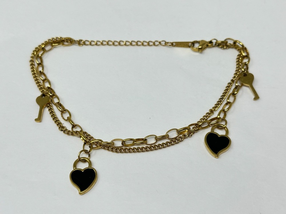 Gold Stainless Steel Key and Black Enamel Heart Charm Chain 7.5-9.5″ Bracelet