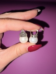 Vintage Marcasite And Pearl 925 Silver Earrings Pierced Huggie Style